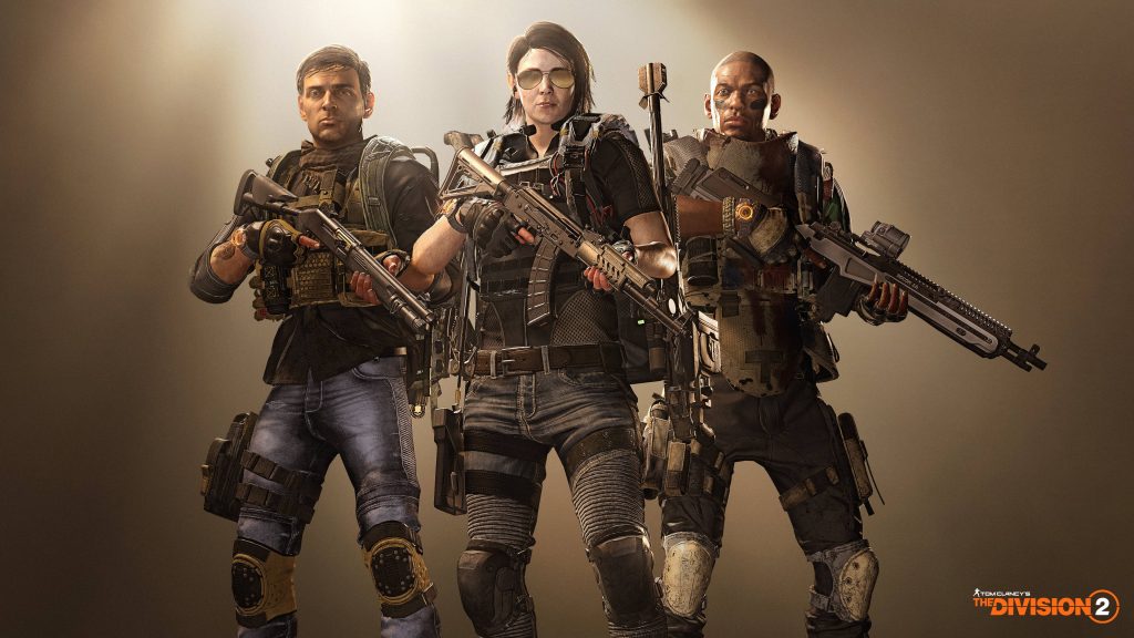 Tom Clancys The Division 2 tactical squad with SHD gear and modern weapons in cinematic style Wallpaper