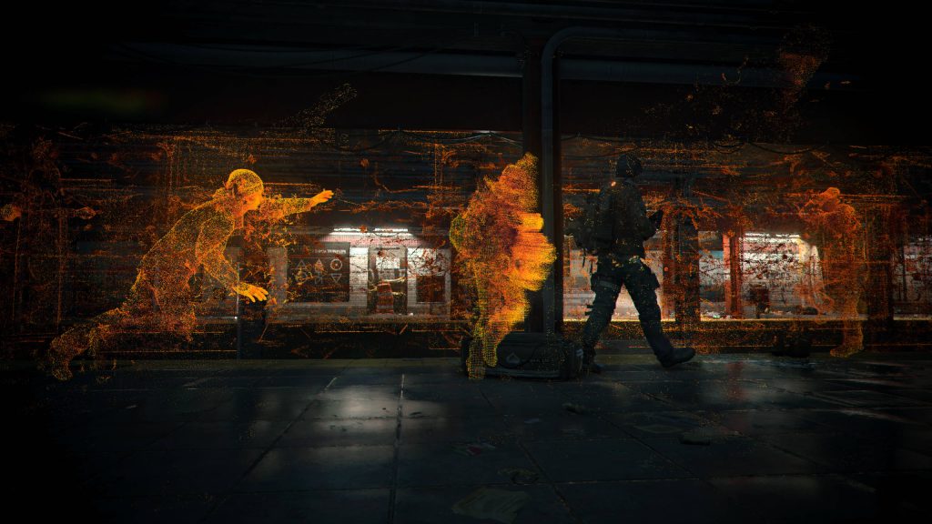 Division Agent patrols dark subway with glowing orange ECHO particles in post-apocalyptic setting Wallpaper
