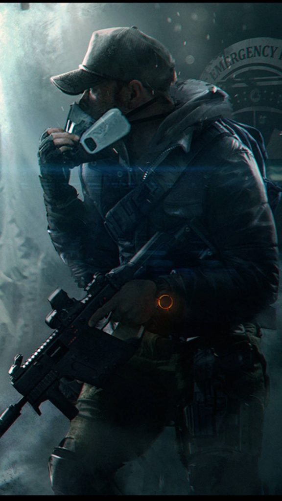 Tom Clancys The Division agent with respirator mask and SHD watch in smoky tactical scene Wallpaper