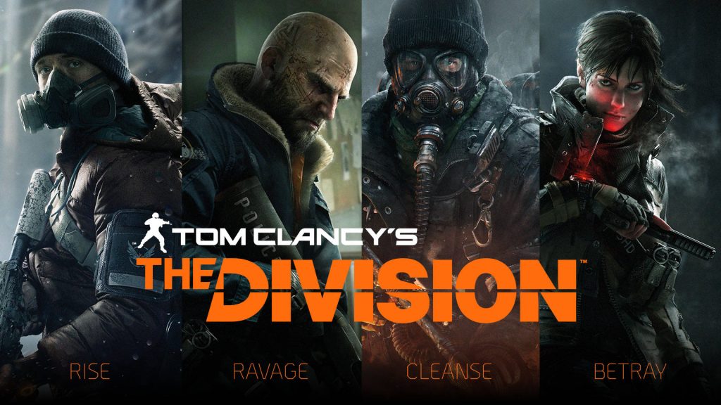 Tom Clancys The Division cinematic wallpaper with four tactical characters in dark post-apocalyptic setting