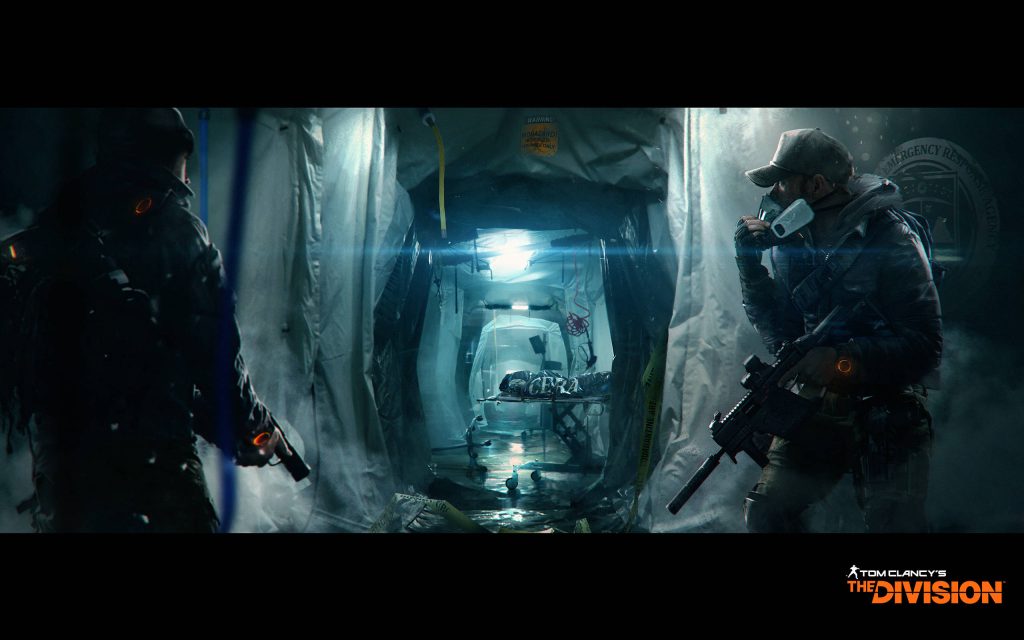 Tom Clancys The Division medical scene with tactical agents securing CERA quarantine tent dark aesthetic Wallpaper