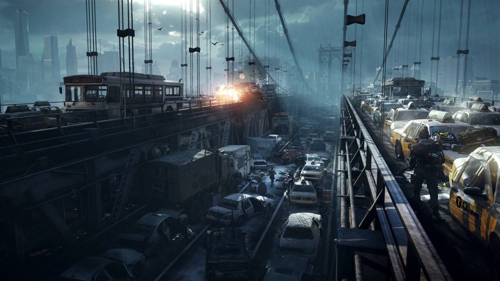 Tom Clancys The Division SHD agent on fiery post-apocalyptic Manhattan Bridge PVP battle Wallpaper
