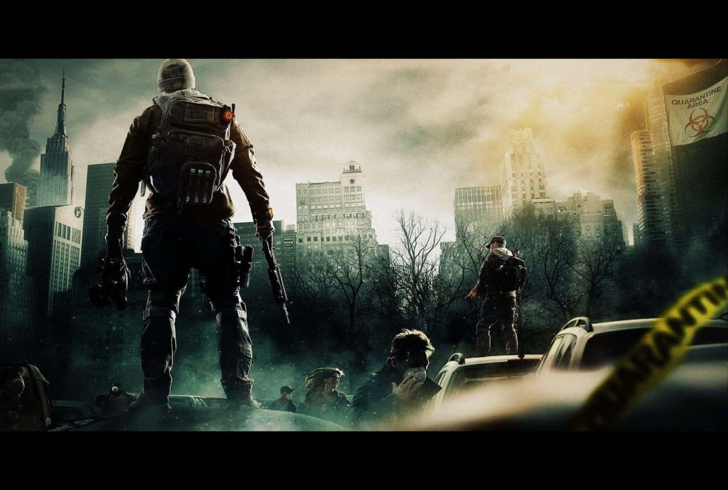 SHD agents in post-apocalyptic New York City ruins with abandoned vehicles The Division wallpaper