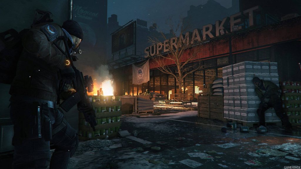 SHD agent takes cover at fire-lit supermarket in post-pandemic city Division game wallpaper