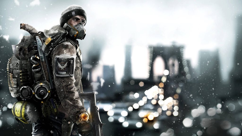 SHD agent in gas mask and heavy gear in snowy post-apocalyptic New York Brooklyn Bridge wallpaper