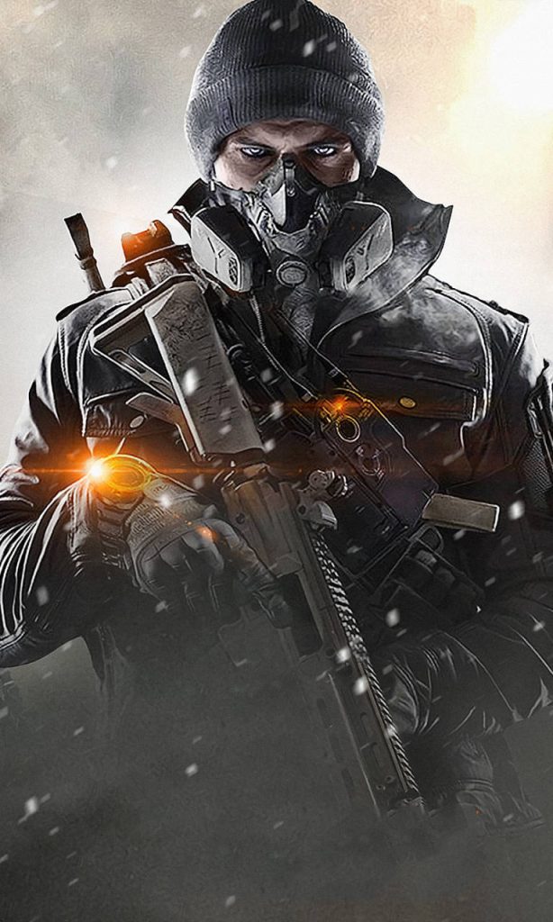 Tom Clancys The Division SHD agent in tactical gear gas mask glowing orange watch snowy cityscape wallpaper