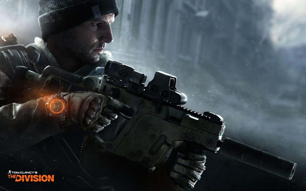 SHD Agent in tactical gear aiming silenced KRISS Vector in dark urban Tom Clancys The Division Wallpaper