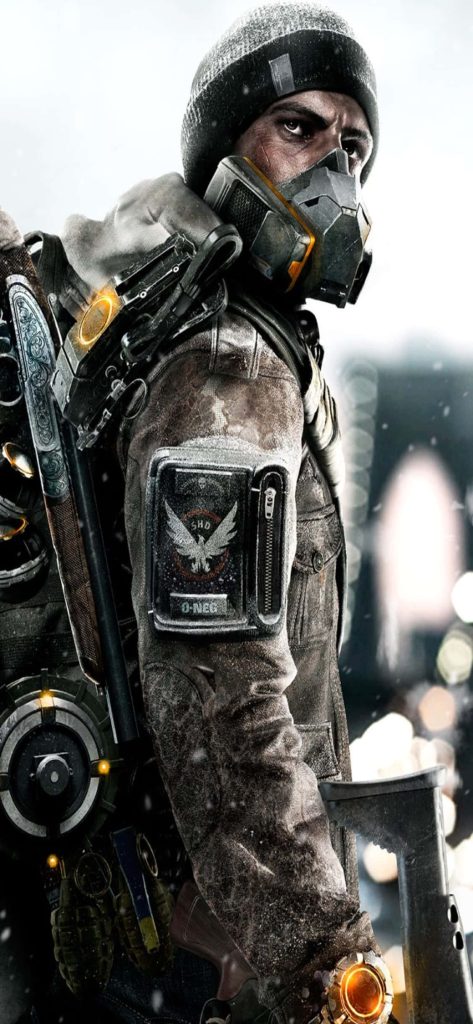 SHD agent in tactical gas mask and winter gear in snowy urban setting from Tom Clancys The Division Wallpaper