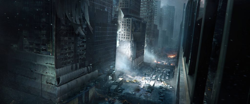 Post-apocalyptic snowy New York street with abandoned taxis and crumbling skyscrapers at dusk Wallpaper