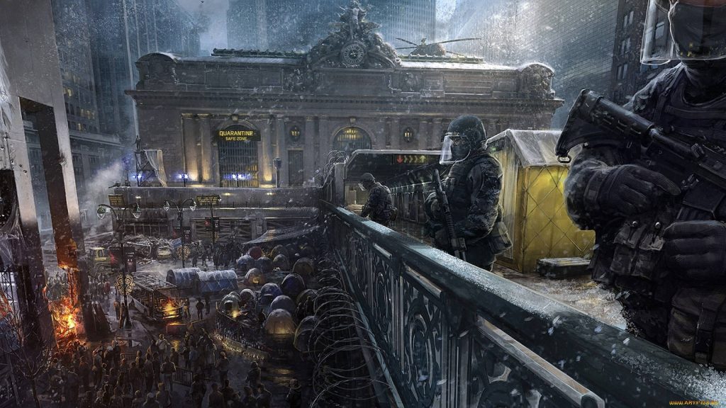 Heavily armed soldiers guarding snowy post-apocalyptic Grand Central Station in The Division Wallpaper