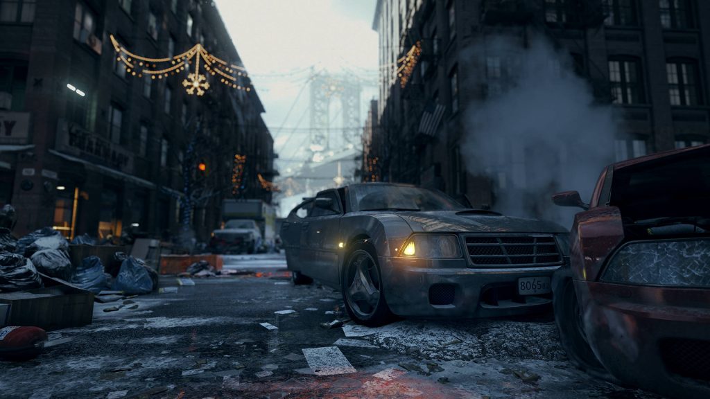 Snowy post-apocalyptic New York City street with wrecked cars and foggy Manhattan Bridge background Wallpaper
