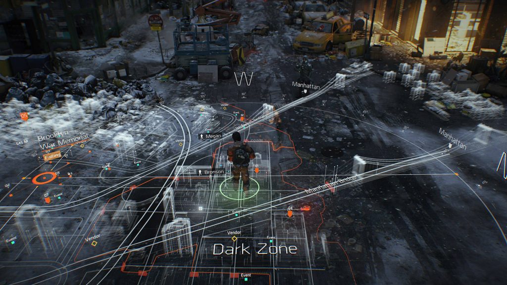 Agent with holographic map in snowy post-apocalyptic New York Dark Zone wallpaper background