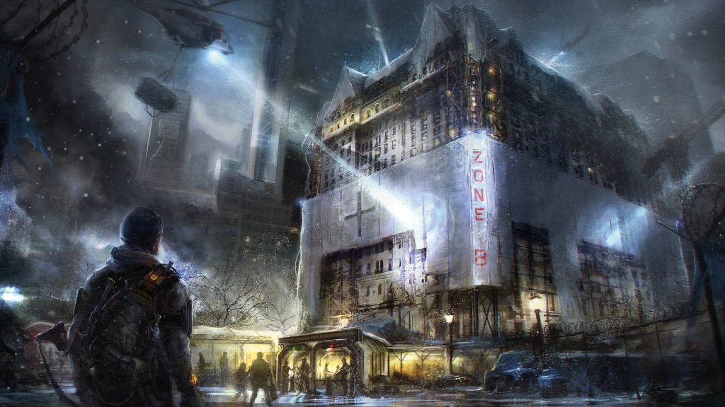 Tactical agent in snowy post-apocalyptic Zone D facility with helicopters overhead digital art Wallpaper