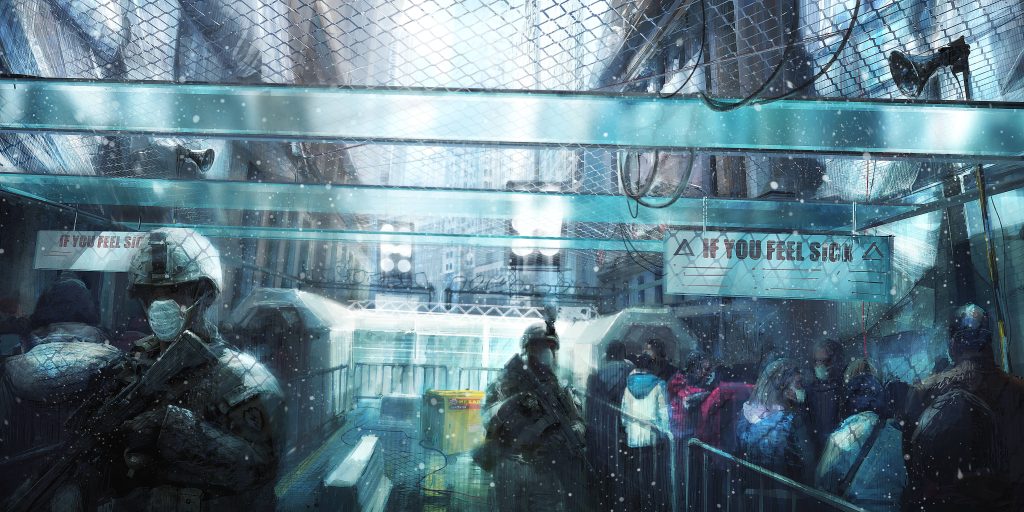 Tom Clancys The Division soldiers in snowy post-pandemic quarantine zone with civilians lined up Wallpaper