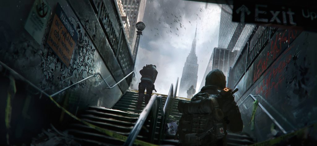 Tom Clancys The Division agents climb subway stairs in decaying New York City with Empire State Building Wallpaper