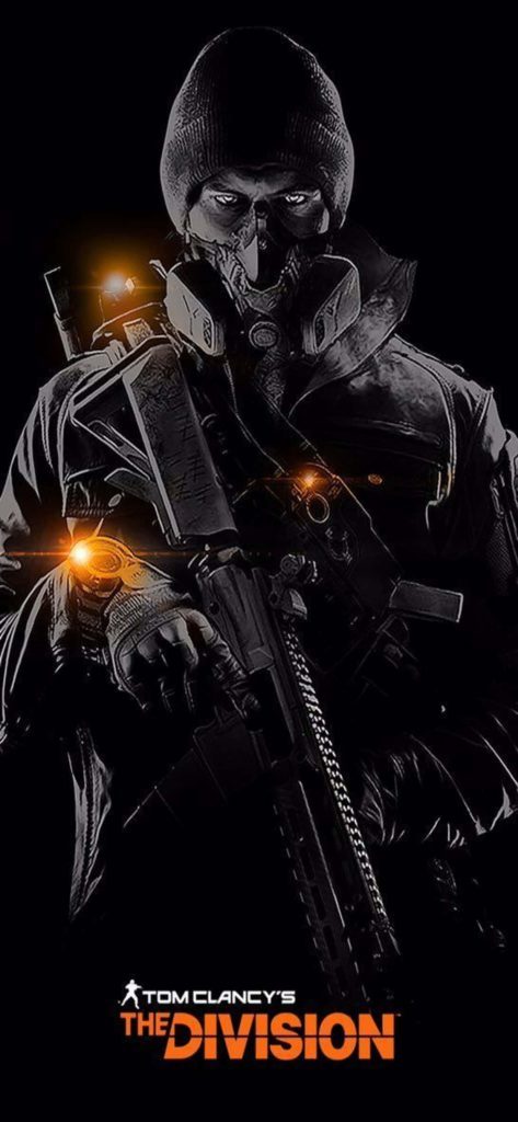 Tom Clancy The Division tactical agent in gas mask gripping rifle dark background orange tech accents wallpaper