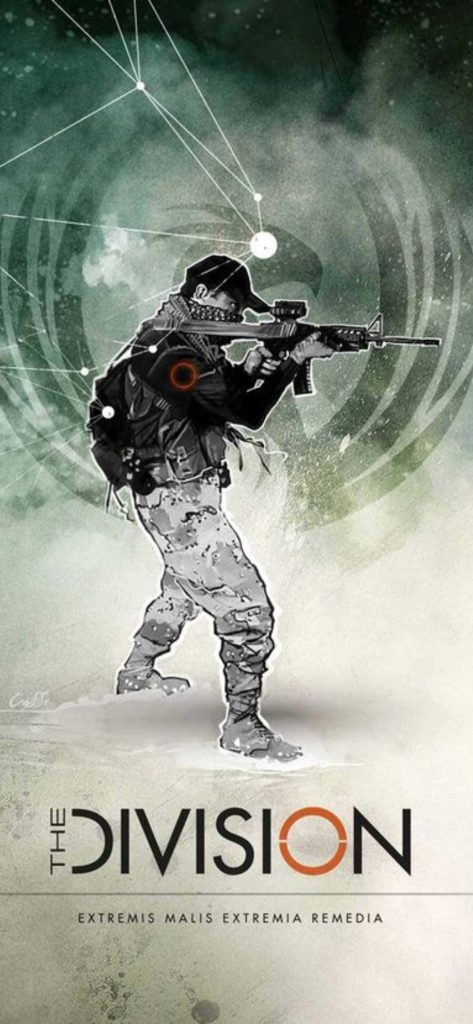 Tom Clancys The Division poster with tactical Agent aiming rifle on green tech network background Wallpaper