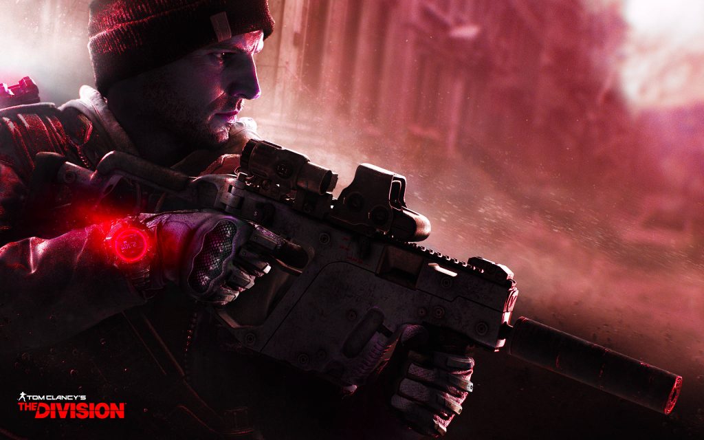 Tom Clancys The Division agent with suppressed KRISS Vector and red watch in dust-filled cityscape Wallpaper