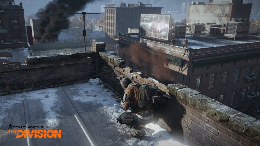 Tom Clancys The Division agent crouching on snowy rooftop behind brick wall in New York City Wallpaper