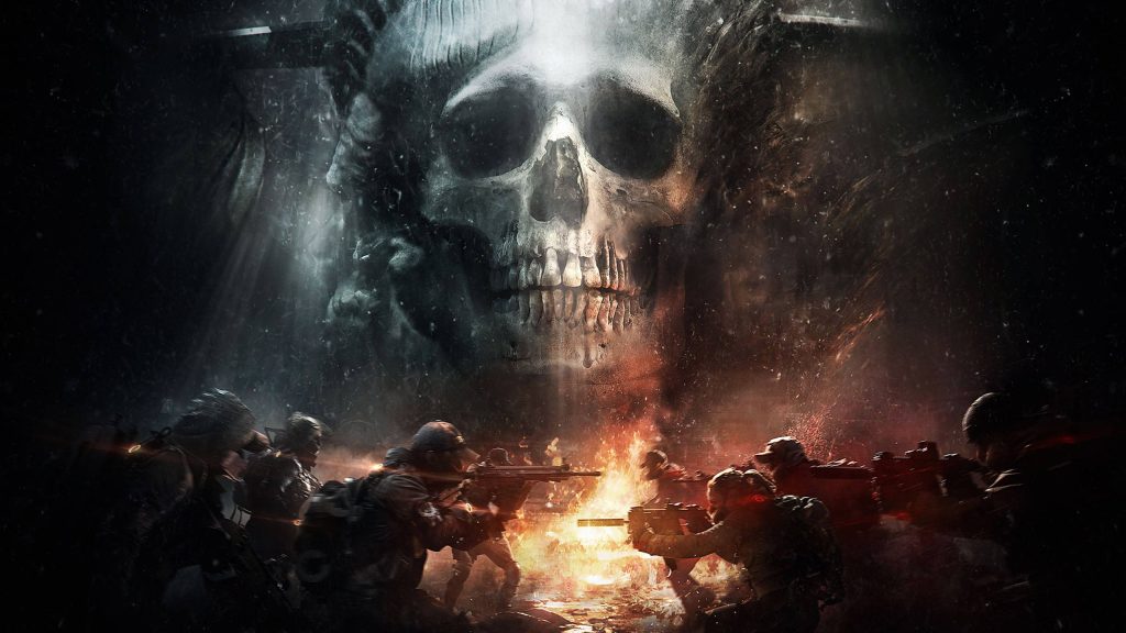 Tom Clancys The Division wallpaper with tactical agents combat and fiery skull background