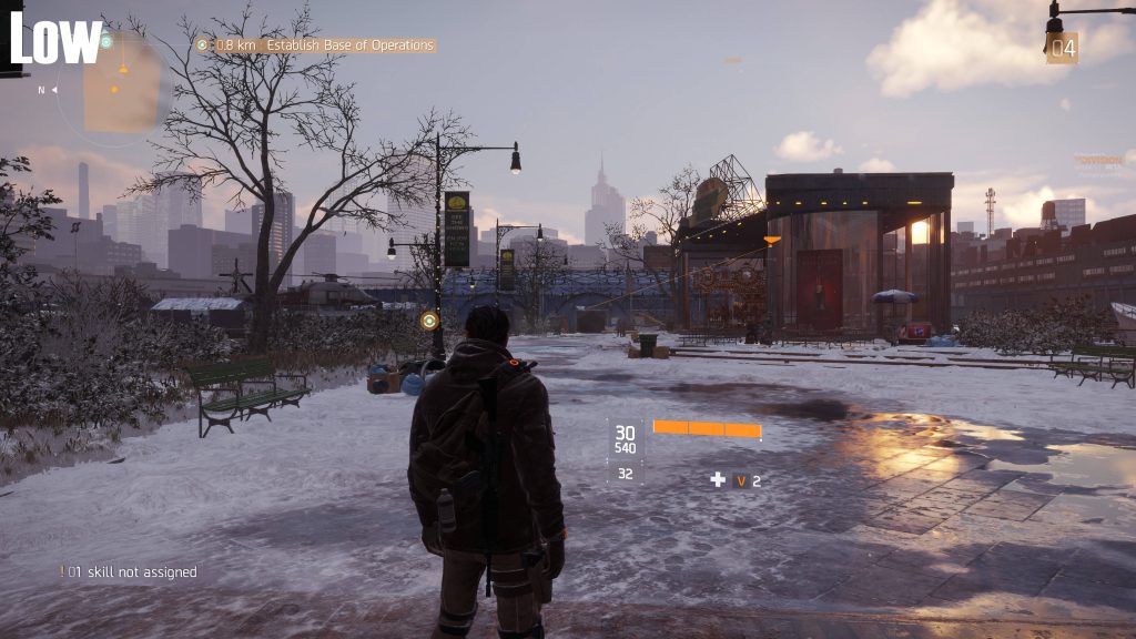 Tom Clancys The Division snowy NYC park carousel sunset winter post-apocalyptic wallpaper