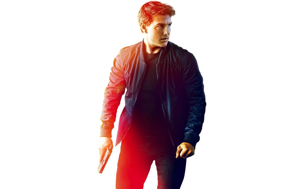 Tom Cruise in dark bomber jacket holding handgun red lighting spy movie wallpaper background