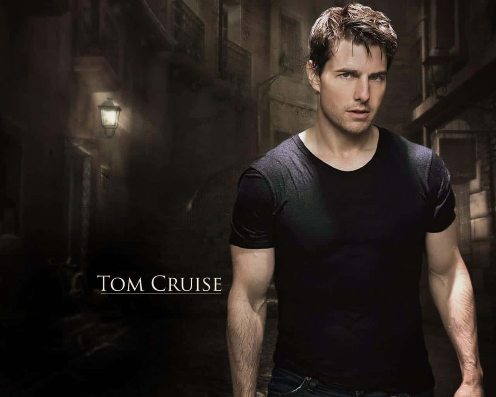 Tom Cruise intense gaze city street night cinematic wallpaper background actor black t-shirt