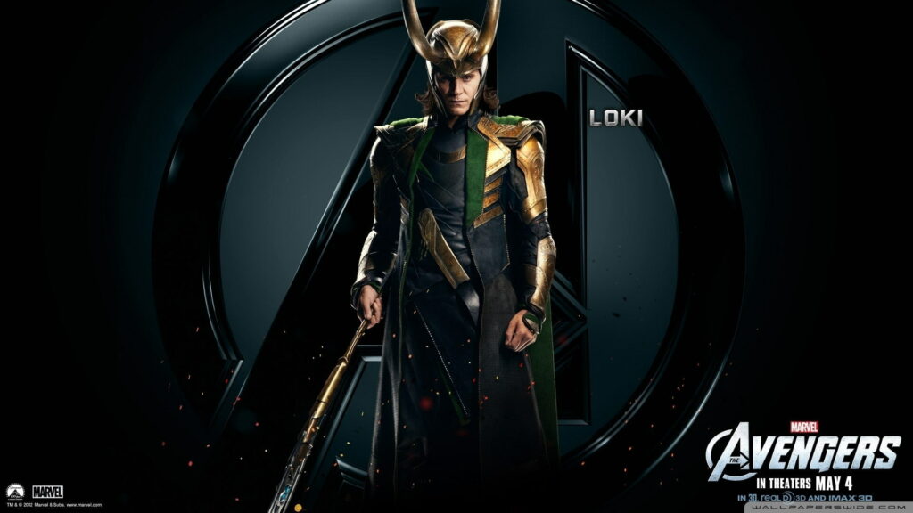 Tom Hiddleston as Loki in green gold armor with horned helmet holding scepter dark background Wallpaper