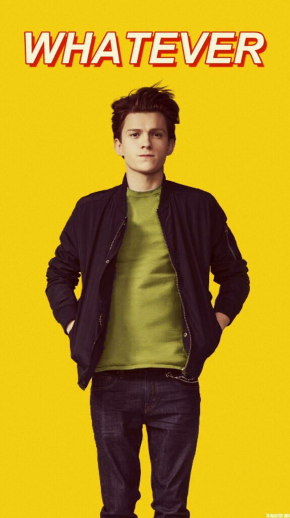 Tom Holland confident pose bright yellow background bold WHATEVER text cool laid-back wallpaper