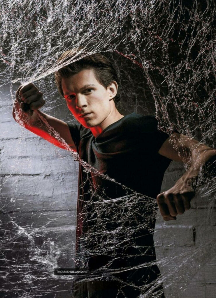 Tom Holland confident pose Spider-Man photoshoot dramatic spider web backdrop wallpaper background