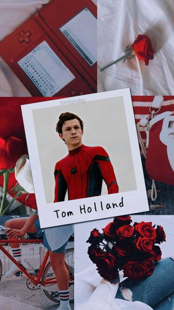 Tom Holland Spider-Man collage wallpaper with red roses vintage items and stylish nostalgic mood