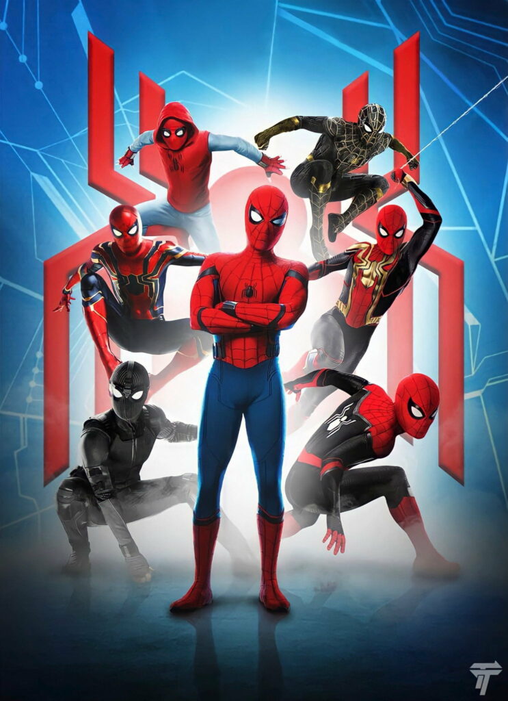 HD Spider-Man No Way Home wallpaper featuring Tom Holland’s multiple suits on tech background