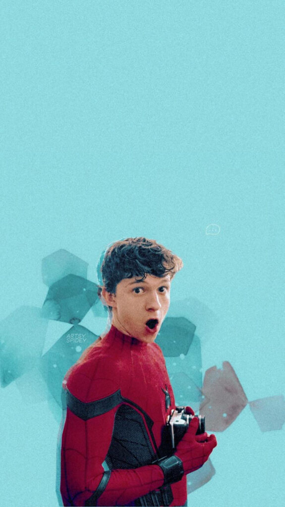 Tom Holland in Spider-Man suit with surprised expression on light blue playful wallpaper background