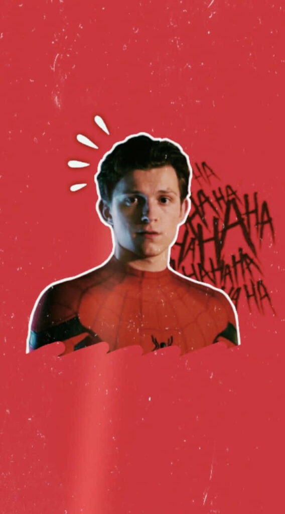 Tom Holland as Spider-Man on vibrant red background with playful hahaha text wallpaper background