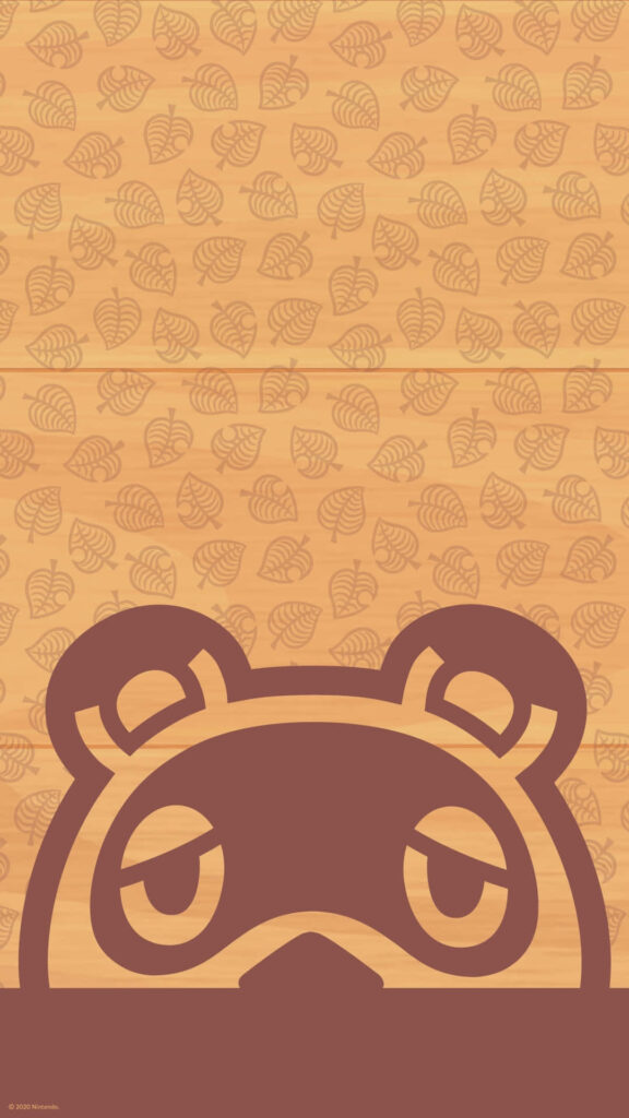Tom Nook peeking wallpaper with Animal Crossing New Horizons leaf pattern in warm earthy tones
