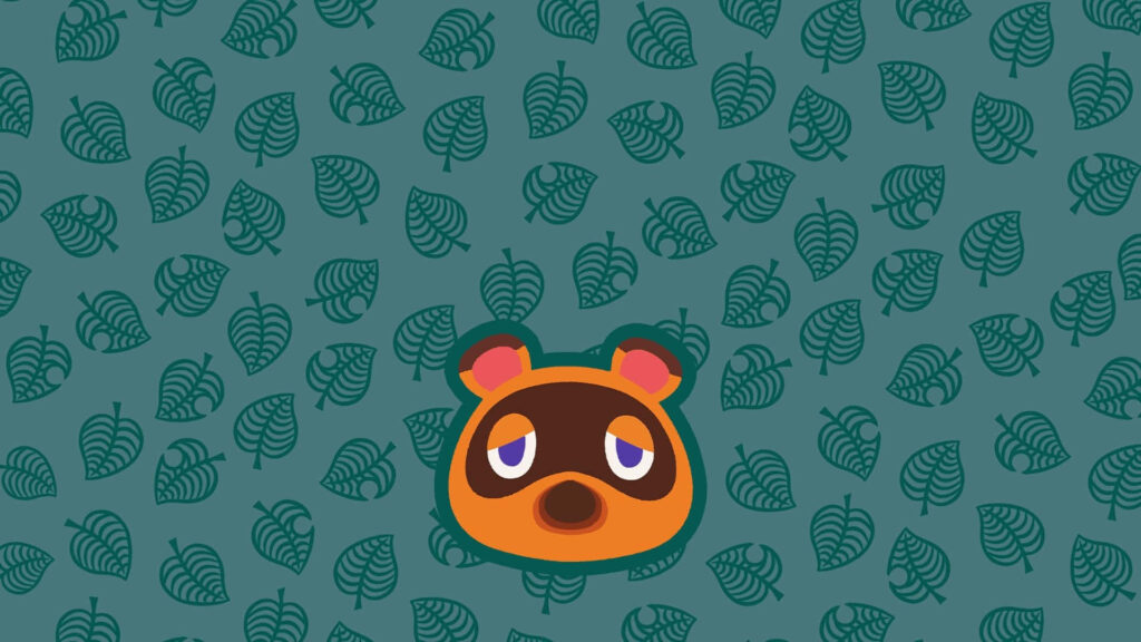 Green leaves pattern with Tom Nook face on teal background Animal Crossing New Horizons wallpaper
