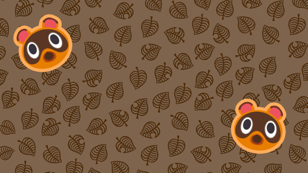 Animal Crossing wallpaper with Tom Nook faces and repeating leaf pattern cozy game design