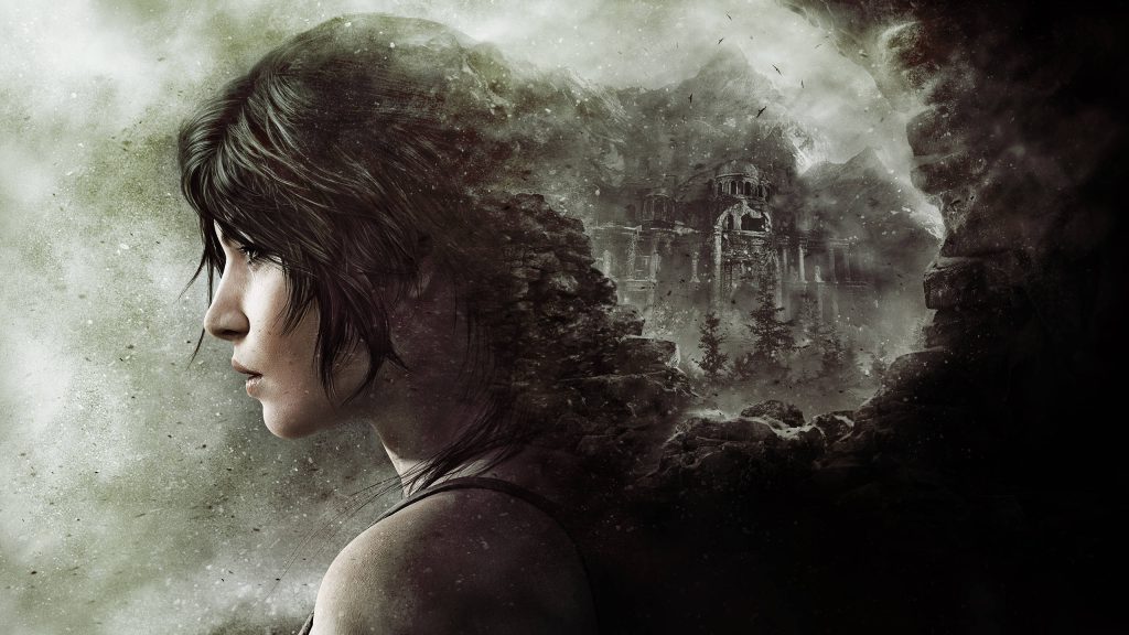 Lara Croft double exposure digital art snowy mountains ancient ruins Tomb Raider wallpaper