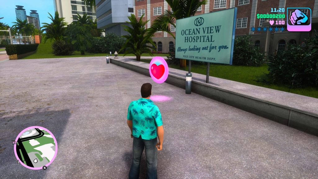 Tommy Vercetti outside Ocean View Hospital with heart pickup in GTA Vice City Definitive Edition Wallpaper