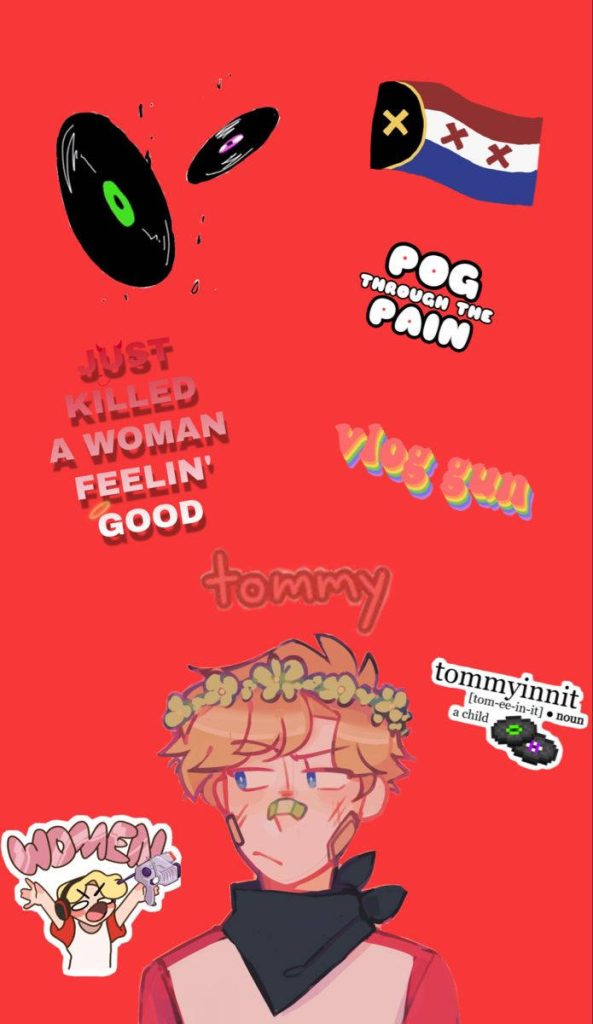 TommyInnit digital fanart with flower crown Dream SMP icons red background wallpaper design