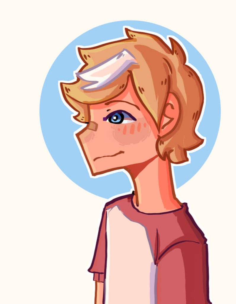 Stylized digital side profile of Minecraft creator TommyInnit in red and white shirt blue background Wallpaper