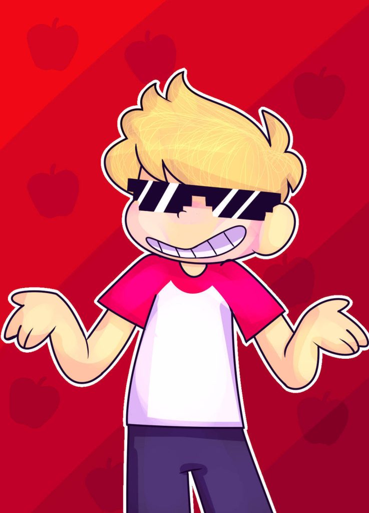 TommyInnit Minecraft streamer digital art with pixelated shades and red apple background wallpaper