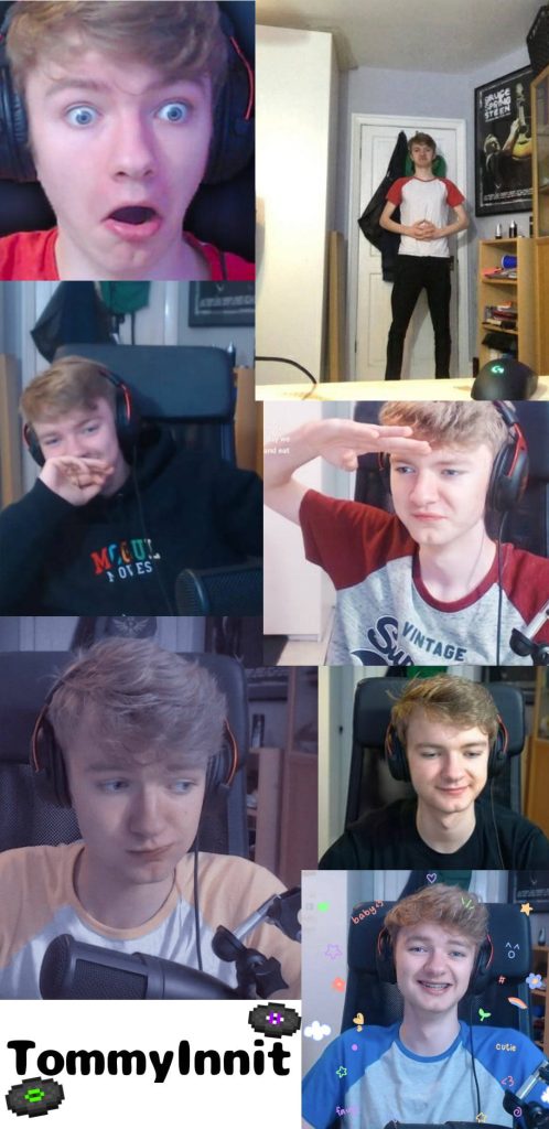 TommyInnit wallpaper collage showing British YouTuber with gaming headset and candid moments