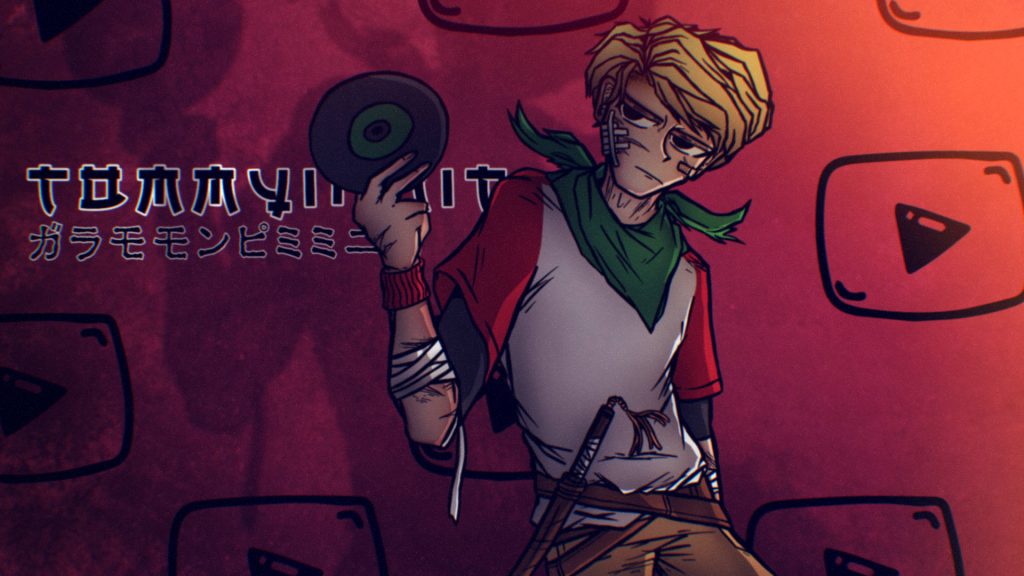 TommyInnit anime style fanart holding music disc red background YouTube play buttons wallpaper