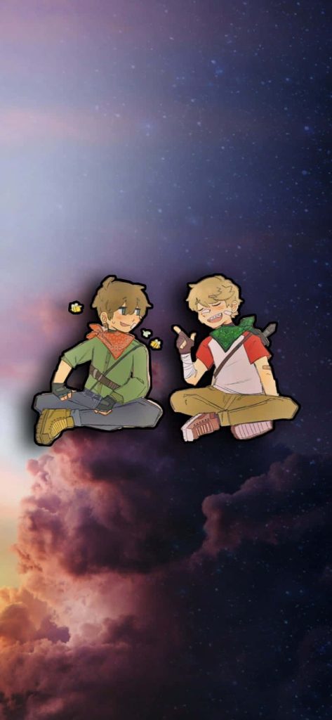 TommyInnit and Tubbo anime style Minecraft creators sitting under dreamy starry night sky wallpaper