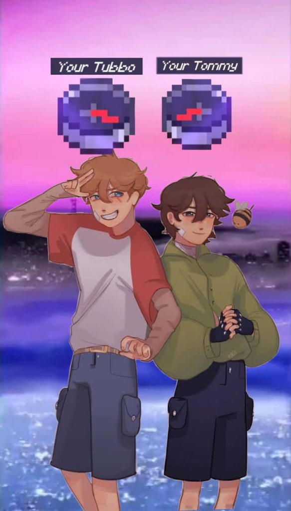TommyInnit and Tubbo Minecraft streamers anime style wallpaper with twilight sky and pixel compass