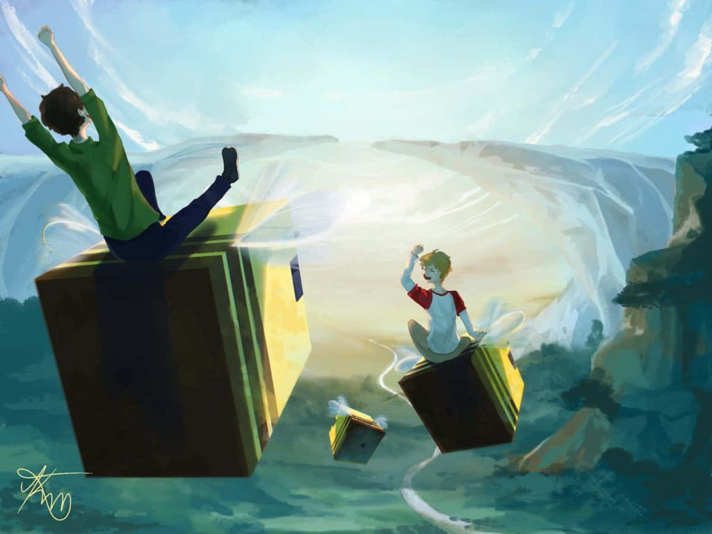 TommyInnit and Tubbo flying on giant bees over sunlit Minecraft world Dream SMP wallpaper background