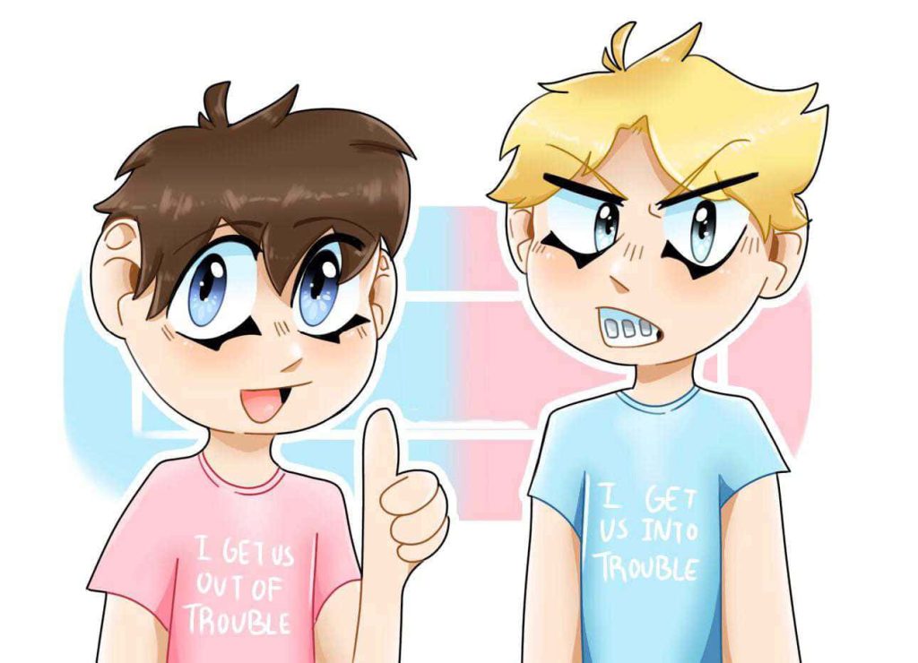 Anime-style fan art of TommyInnit and Turbo in colorful shirts wallpaper background