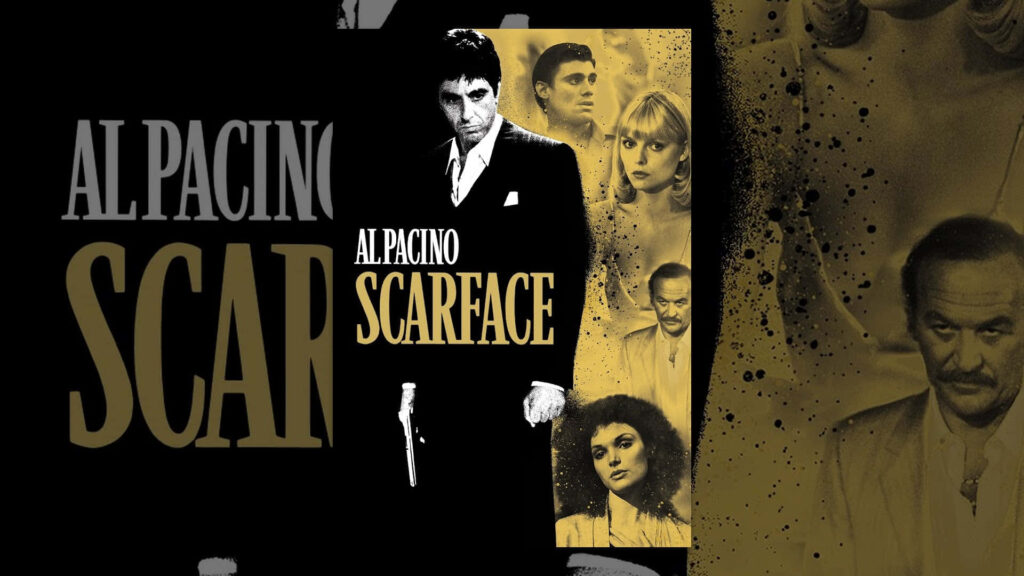 Tony Montana in luxurious chair with Scarface characters intense iconic movie scene wallpaper