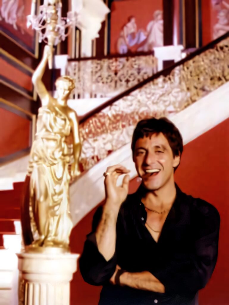 Tony Montana confident in lavish mansion iconic Scarface scene rise to power wallpaper background